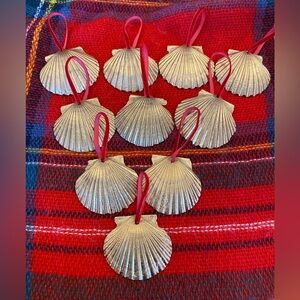 Lot of 10 Gold Shell Ornaments with Red Velvet Ribbon